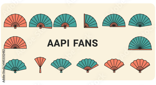 AAPI fans collection with blue and red traditional hand fans in various open positions vector illustration 
