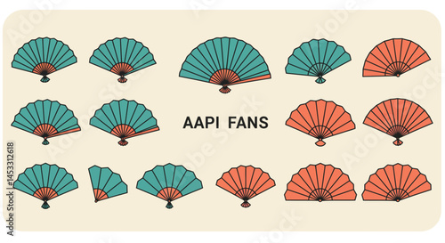 AAPI traditional handheld fans vector set in teal and coral colors with folding patterns for cultural illustration and design purposes 