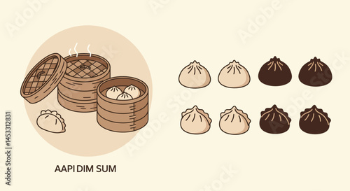 Dim sum basket with assorted steamed dumplings in minimalist vector illustration for Asian cuisine food presentation 