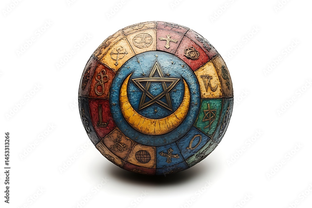 Fototapeta premium Ornamental sphere with zodiac signs star and crescent on white background