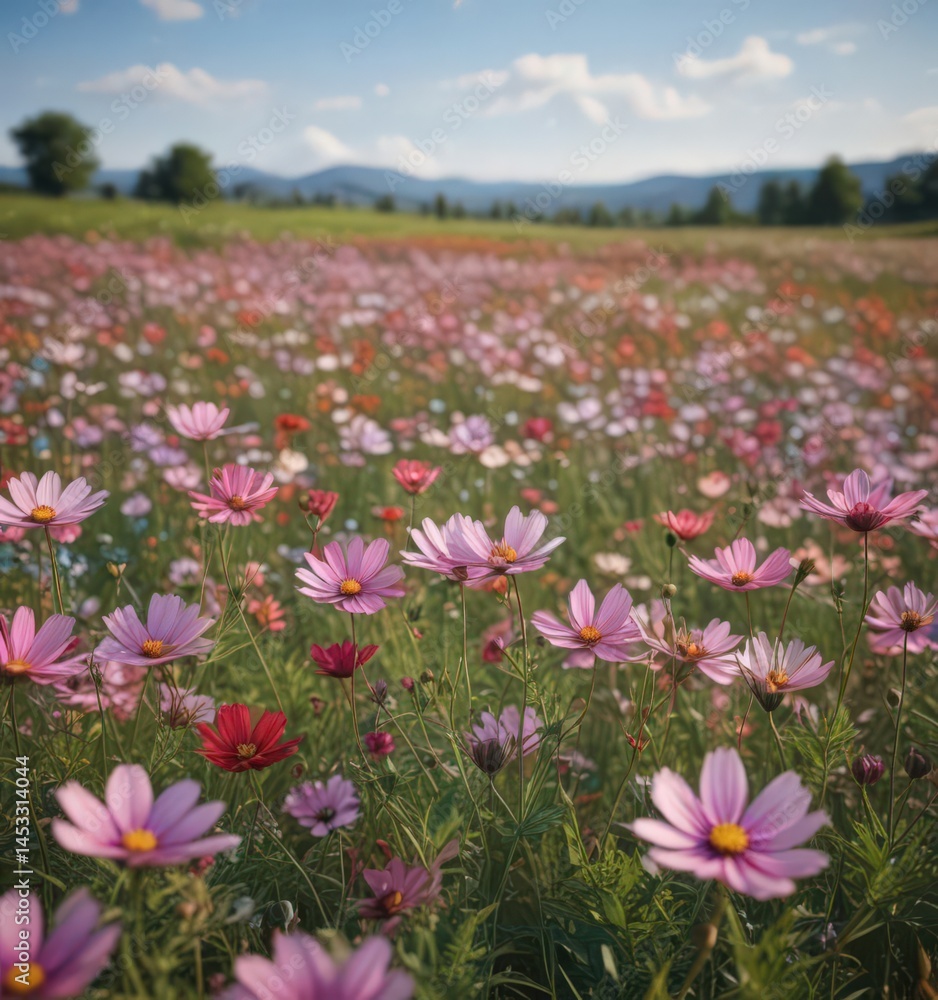 Vibrant cosmos flowers sway gently in a vast field , sunshine, bright, beauty Vibrant cosmos flowers sway gently in a vast field , sunshine, bright, beauty
