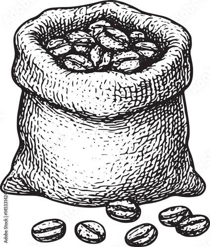 Vintage hand-drawn sack filled with roasted coffee beans, detailed in engraved sketch style
