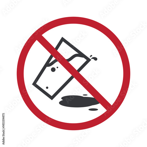 Isolated prohibition of a tilted glass spilling water, symbolizing caution to avoid spills on the dining table.