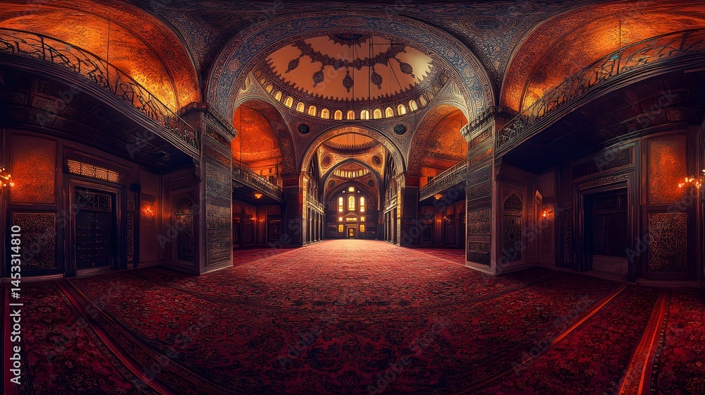 Obraz premium The interior of the Blue Mosque showing ornate Islamic art and domes