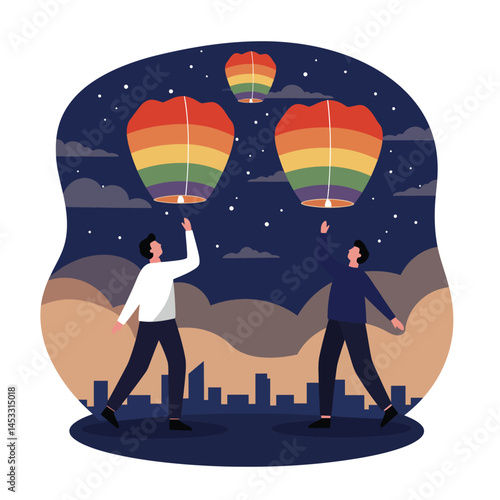Two men releasing rainbow sky lanterns during night celebration with city skyline background vector illustration 