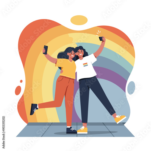 Two friends taking selfie with rainbow background celebrating pride and friendship in casual clothes vector illustration 