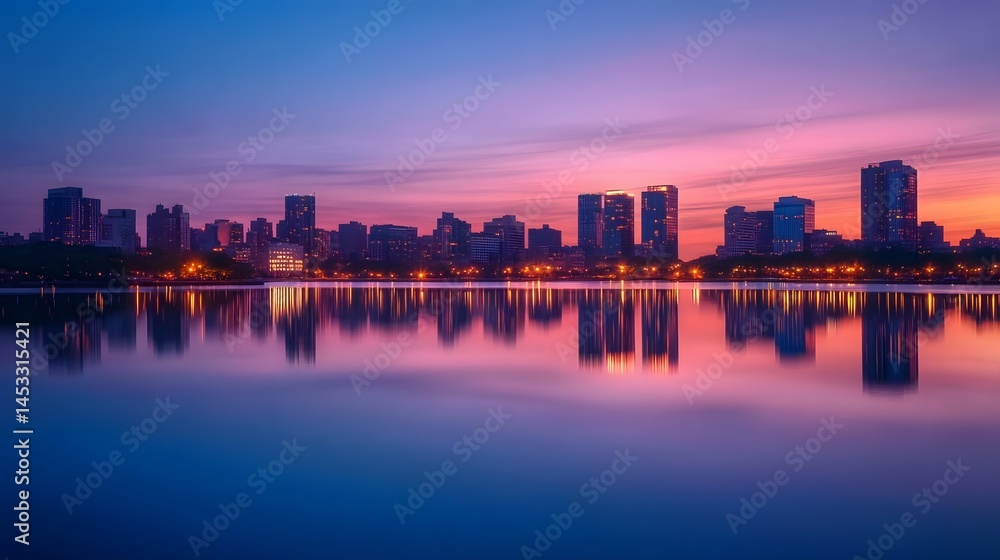 Fototapeta premium New York skyline reflected on East River at dusk,