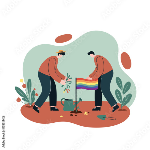 Two people planting a rainbow flag in garden symbolizing pride and growth with plants and watering can in modern flat style vector illustration 