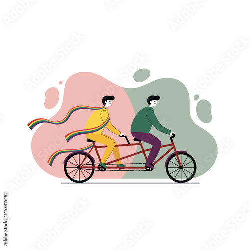 Tandem bicycle riding couple enjoying outdoor activity with colorful scarf flowing in simple abstract background vector illustration 