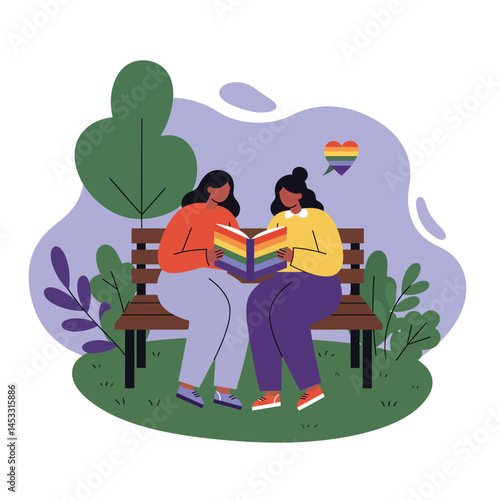 Two women reading rainbow heart book on park bench supporting LGBTQ pride vector illustration 