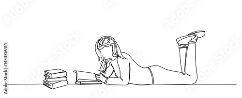 continuous single line drawing of woman on floor in prone position reading a book  line art vector illustration