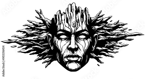 Woodcut Face Illustration Black and White Nature Power and Mystery Symbolism.
