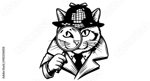  Vintage Detective Cat Illustration Black and White Mystery and Investigation Concept.