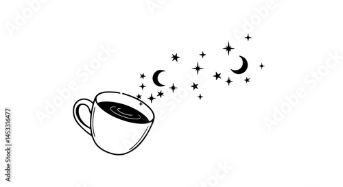  Mystical Brew Illustration Black and White Magic and Cosmos Symbolism.