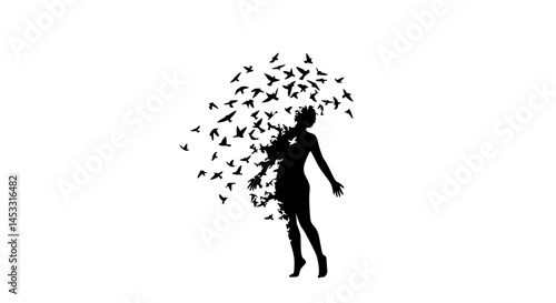  Silhouette Woman Symbolically Transforming into Birds Against White Background