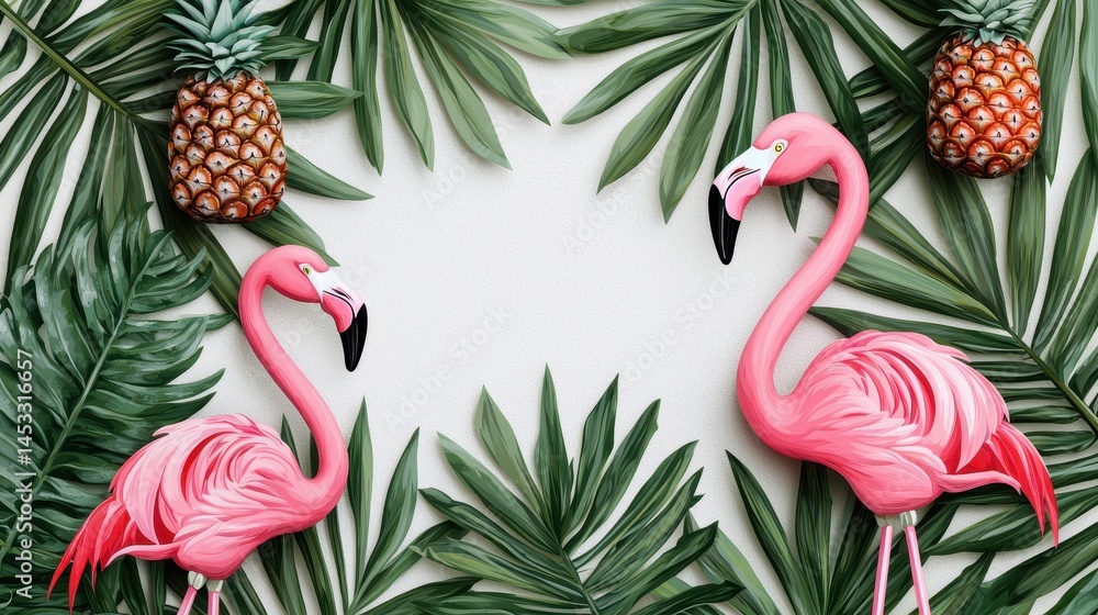 Fototapeta premium Tropical Flamingos Surrounded by Green Leaves and Pineapples