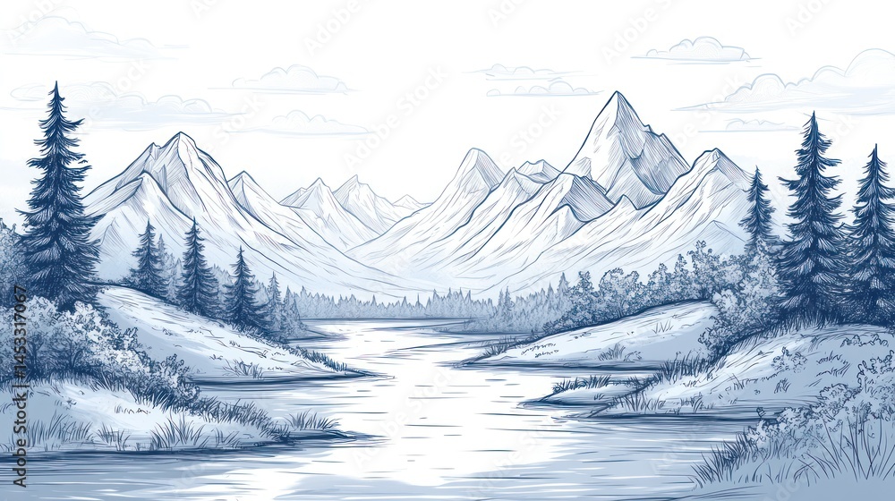 Fototapeta premium Winter Mountain Landscape Drawing