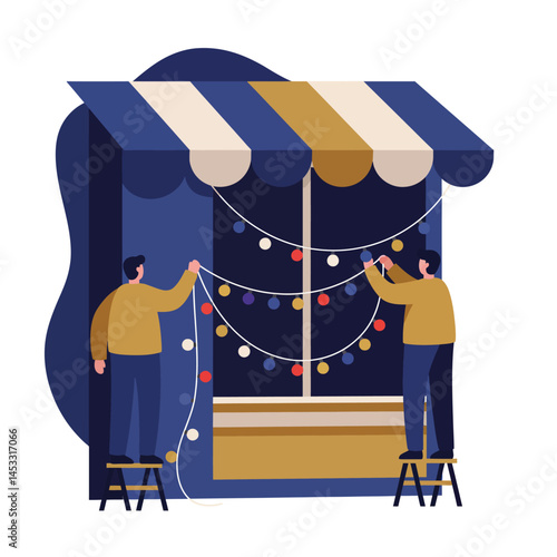 Two men hanging decorative string lights on striped awning in evening vector illustration 
