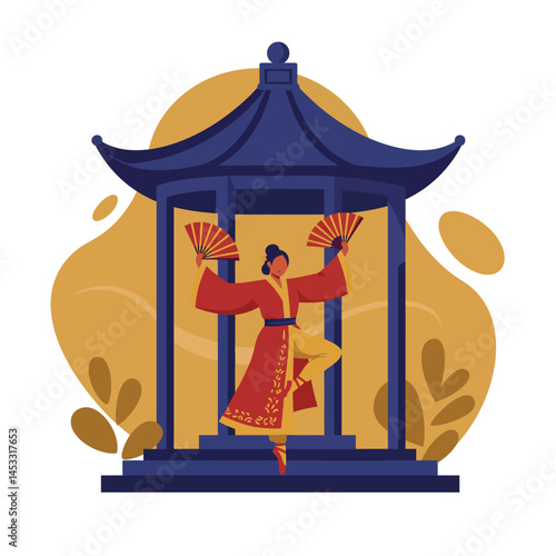 Traditional Asian dancer performing in ornate pavilion with fans and cultural attire vector illustration 