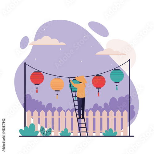 Person Hanging Colorful Lanterns Outdoors with Ladder and Fence in Evening Scene Vector Illustration 