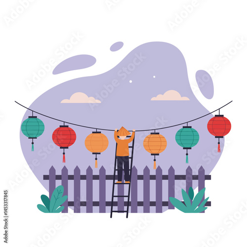 Person hanging colorful paper lanterns on string outdoors in evening scene with fence and plants vector illustration 
