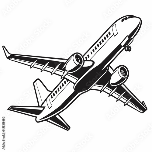 Airplane Black And White Vector Graphic Flying Commercial Jet Aircraft