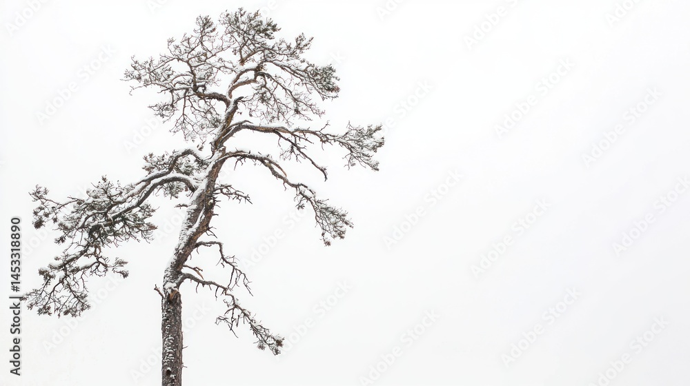 Fototapeta premium Tall dead pine with scattered branches on white background.
