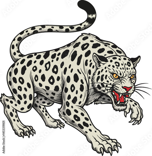 Snow leopard with spotted fur and fierce expression in attack stance natural wildlife predator animal 