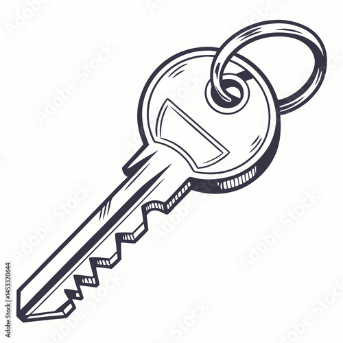 Hand Drawn Detailed Sketch Of A House Key And Keyring