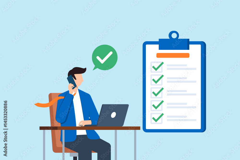 Flat illustration of business consultant solving issues on phone call with checklist and laptop in office support task completion Flat illustration of business consultant solving issues on phone call with checklist and laptop in office support task completion