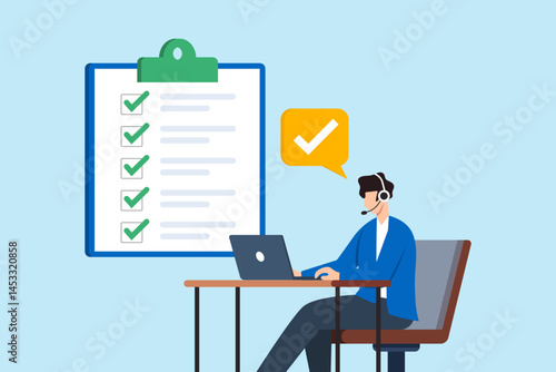 Flat illustration of support specialist answering customer calls with headset and laptop completing checklist tasks in helpdesk service