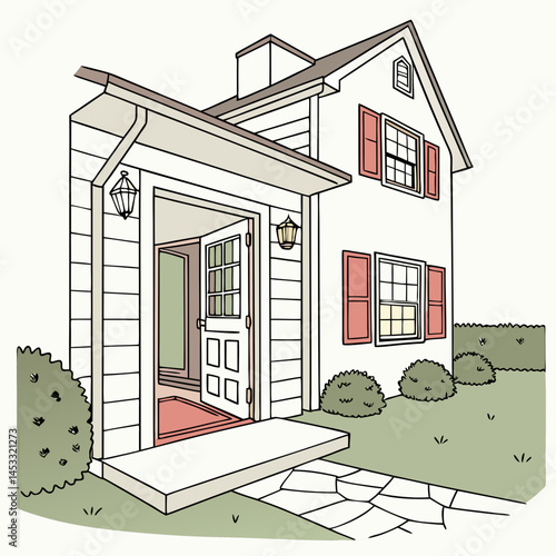 Charming Suburban House With Open Door Cartoon Illustration Style Design