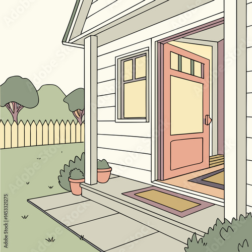 Welcoming Open Door Of A Charming Suburban Home Illustration Vector