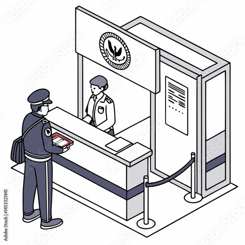 Isometric Illustration Of Customs Officer And Passenger At Security Checkpoint