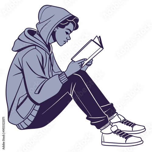 Student In Hoodie Reading Book Studying Sitting Down Education Concept