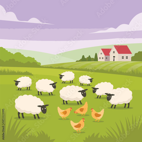Clean vector illustration of a pastoral farm scene with sheep and chickens in a green field