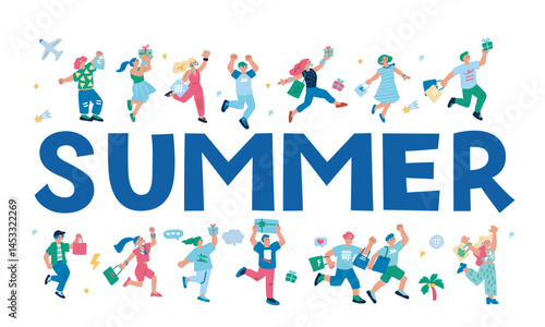 SUMMER プレゼントやショッピングで喜ぶ人々の手書きのイラスト
