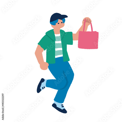 買い物を楽しむ男性　カラフルでフラットな手書きのイラスト
