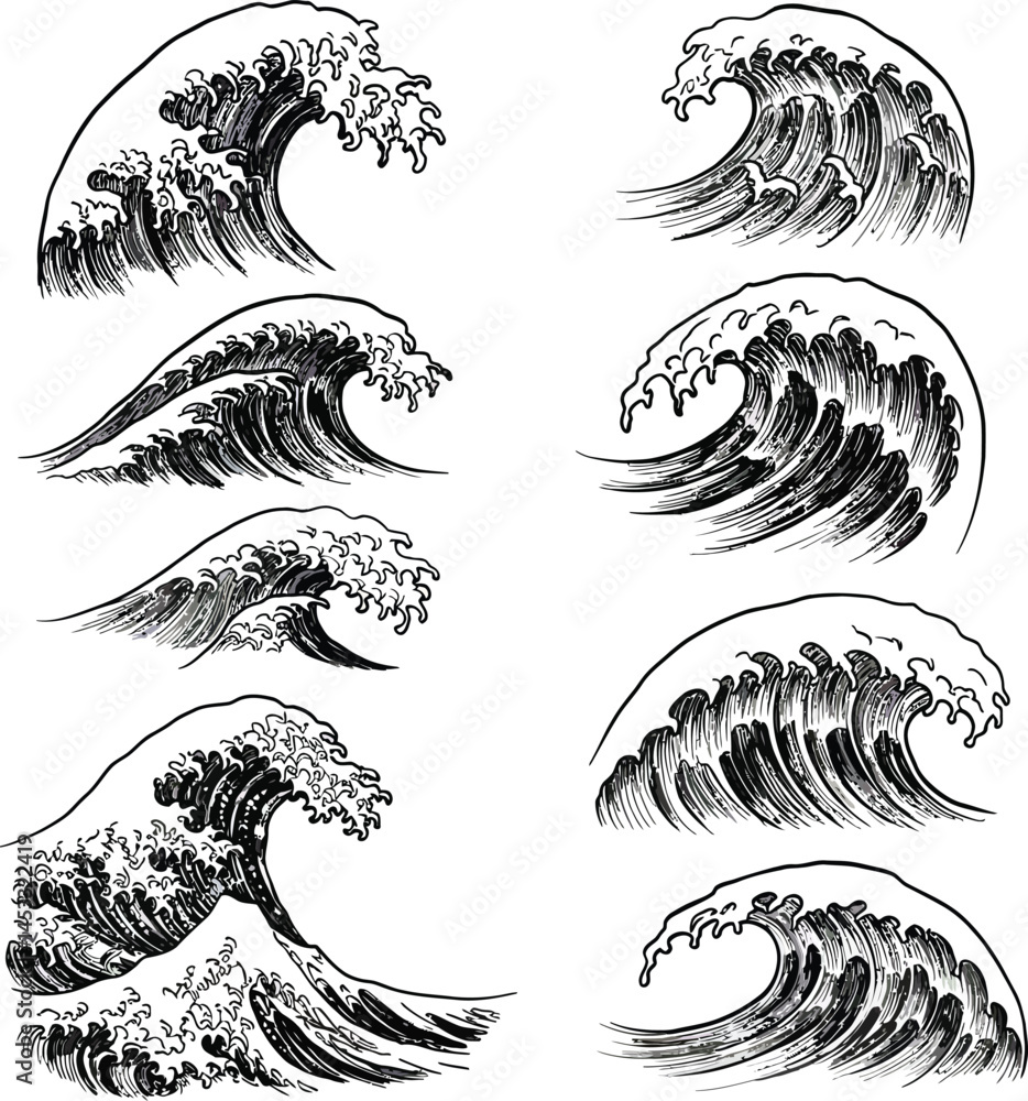 Set of stylized black and white ocean wave illustrations with detailed flowing water and foam patterns for design and decoration Set of stylized black and white ocean wave illustrations with detailed flowing water and foam patterns for design and decoration