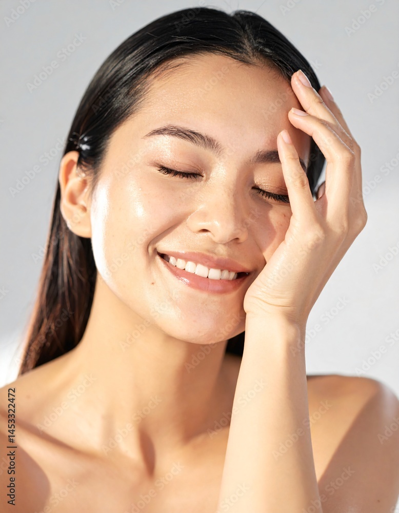 Young Japanese woman with radiant skin wearing a white tank top Young Japanese woman with radiant skin wearing a white tank top