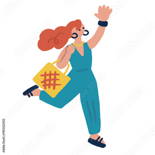ジャンプして喜ぶ女性　カラフルでフラットな手書きのイラスト
