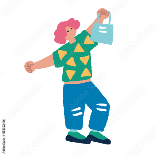 買い物を楽しむ男性　カラフルでフラットな手書きのイラスト
