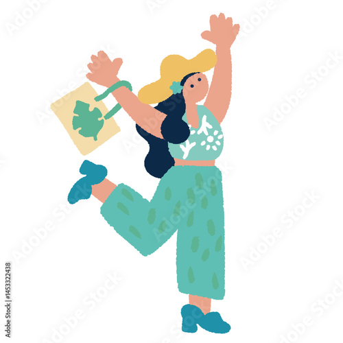 ジャンプして喜ぶ女性　カラフルでフラットな手書きのイラスト
