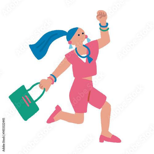 ジャンプして喜ぶ女性　カラフルでフラットな手書きのイラスト
