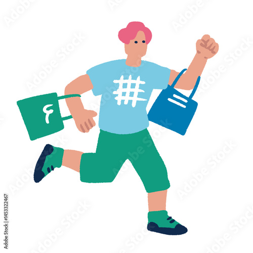 買い物を楽しむ男性　カラフルでフラットな手書きのイラスト
