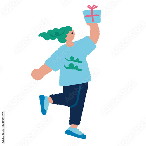 プレゼンントを喜ぶ女性　カラフルでフラットな手書きのイラスト
