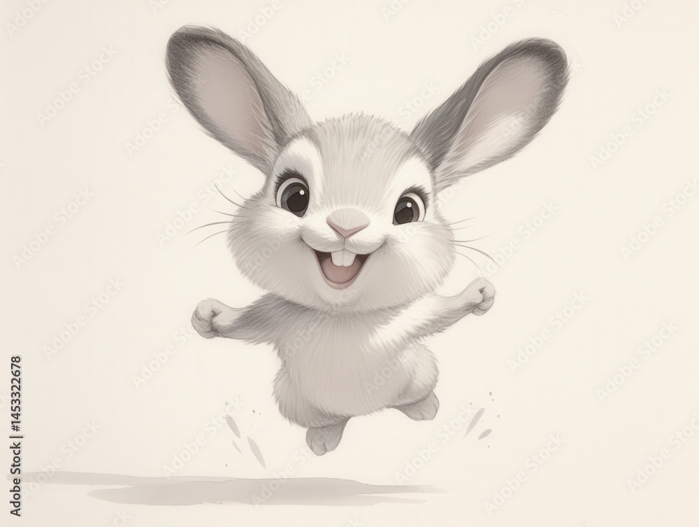 Obraz premium Animated bunny jumping joyfully. It has gray fur and big ears