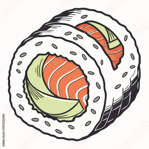 Cartoon Maki Sushi Roll Illustration With Salmon And Avocado Inside