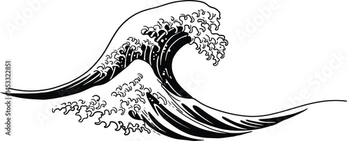 Black and white stylized ocean wave drawing with curling crest and foam detail for art and design inspiration 