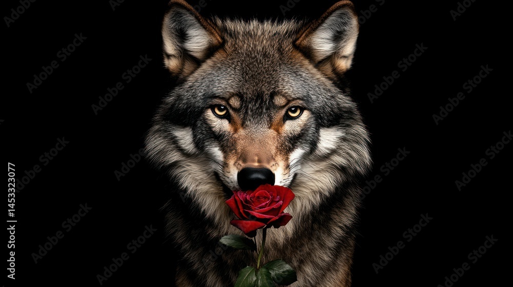 Fototapeta premium Wolf with red rose closeup image